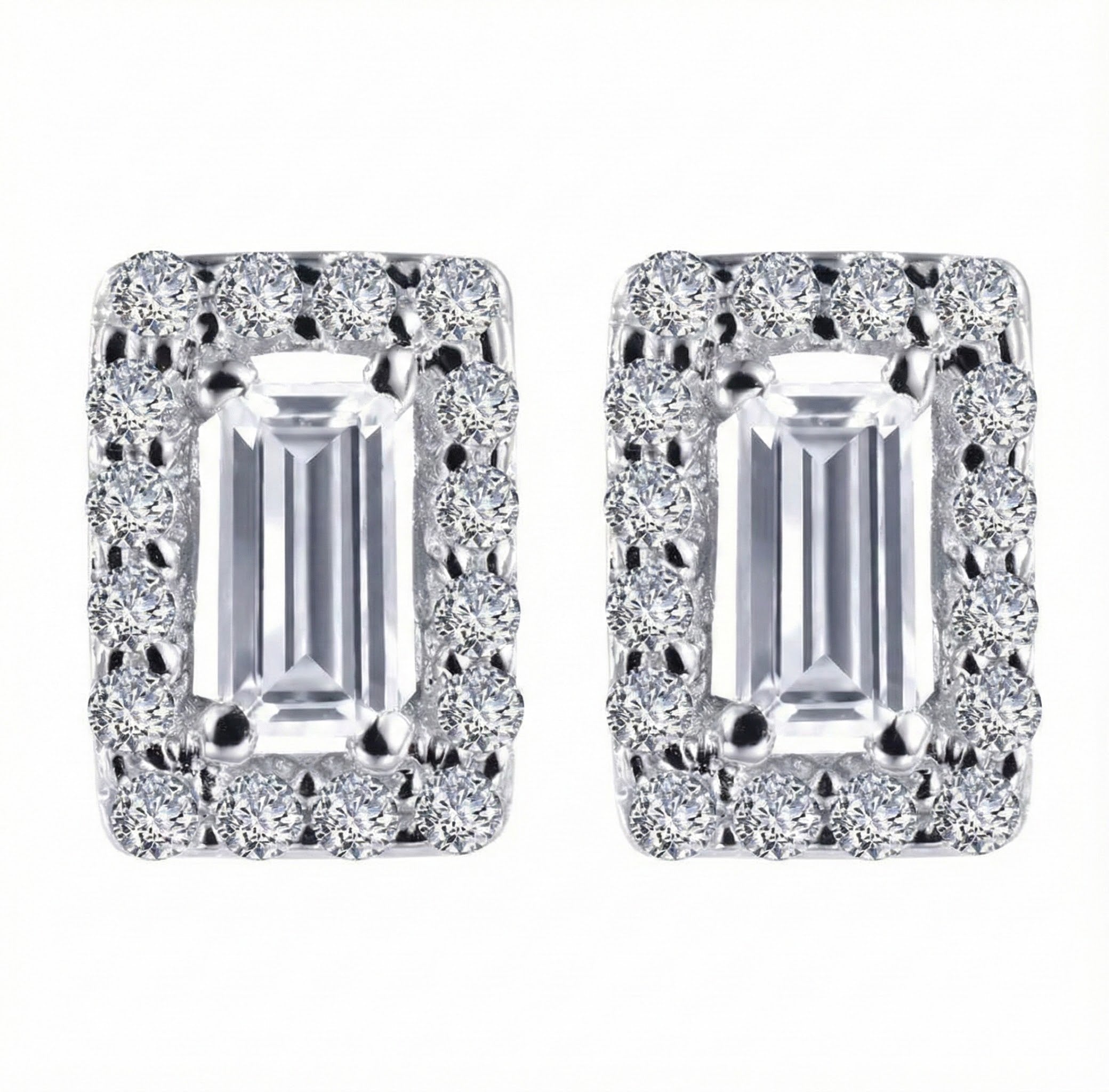 Emerald-Cut CZ Halo Stud Earrings | Sterling Silver | Baguette-Style Sparkle - Brownee Jewelers