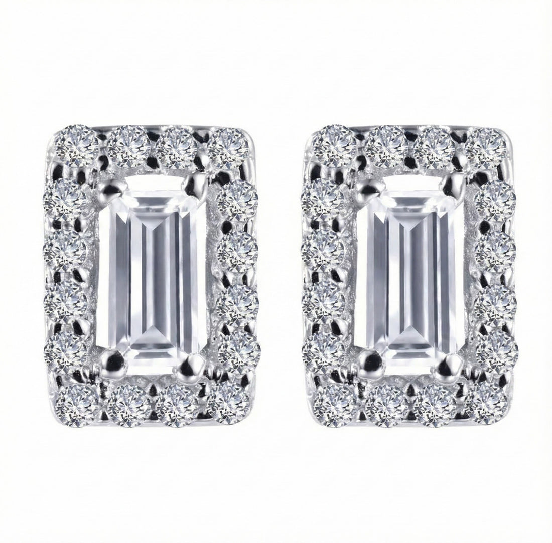 Emerald-Cut CZ Halo Stud Earrings | Sterling Silver | Baguette-Style Sparkle - Brownee Jewelers