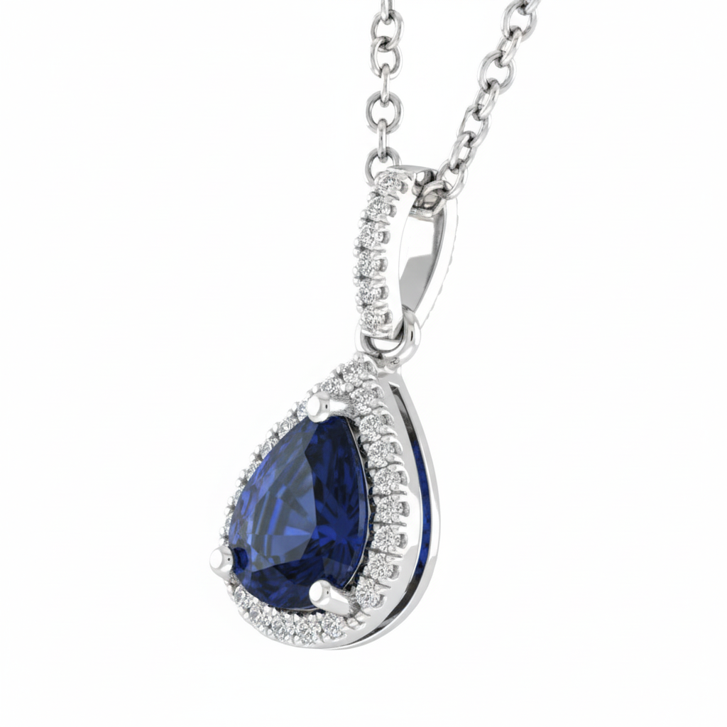 14K White Gold .90ct Pear-Shape Sapphire & .08ct Diamond Halo Pendant