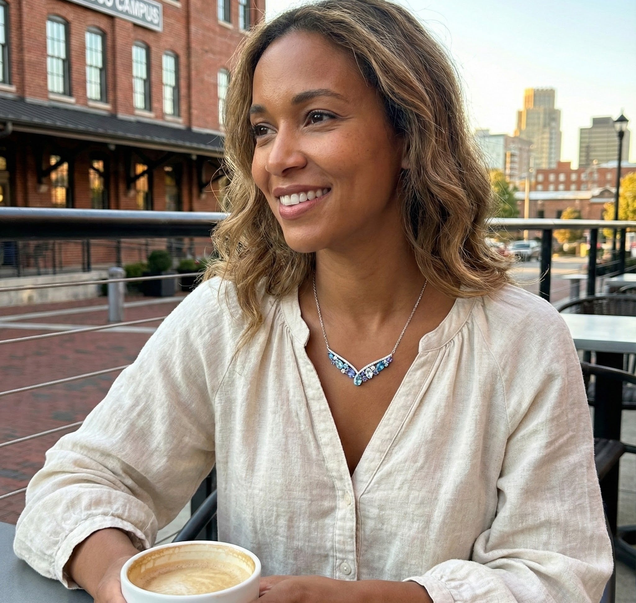 Multi-Gemstone V Necklace | 14K White Gold | Diamond & Blue Topaz, Tanzanite, Sapphire | 2.78 ctw - Brownee Jewelers