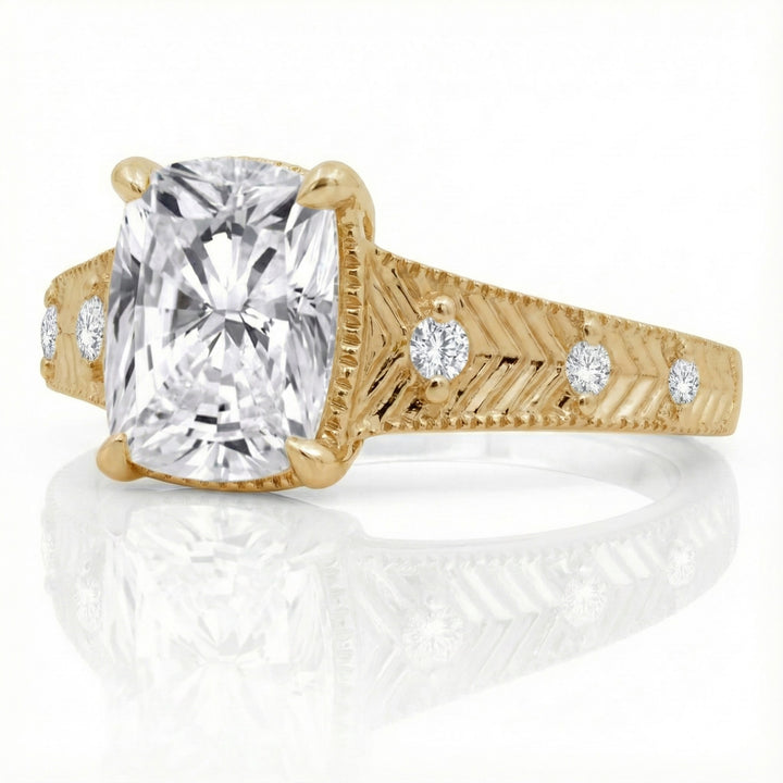 14K Yellow Gold 3.02ct Cushion-Cut Lab Diamond Ring (VS2/F)  This elegant 14K yellow gold ring showcases a brilliant 3.02ct cushion-cut lab grown diamond with VS2 clarity and F color for bright, exceptional sparkle. 