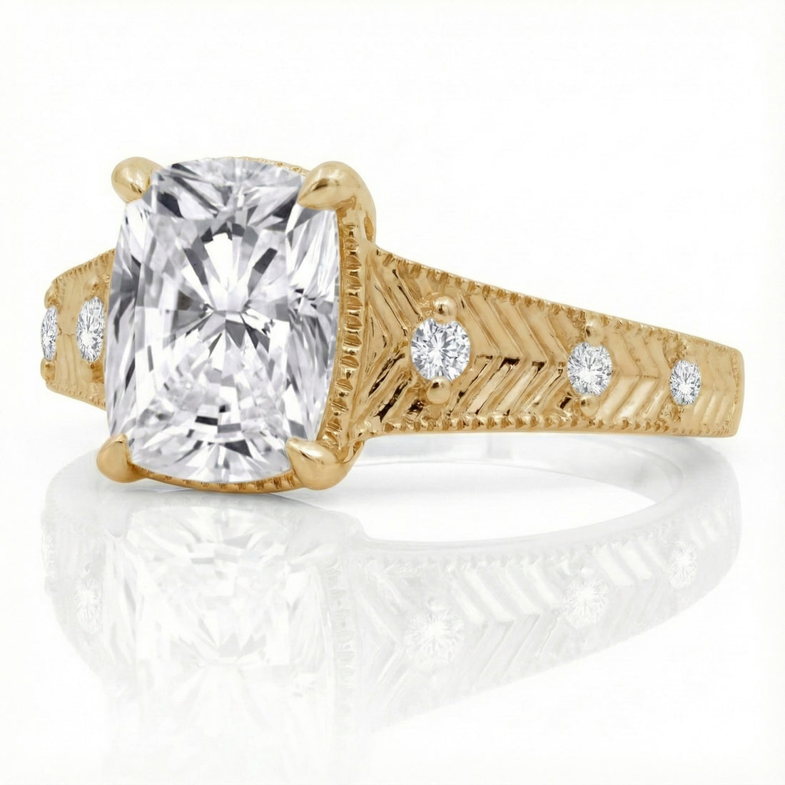 Taylor Swift Inspired 14K Yellow Gold 3.08ct Cushion-Cut Lab Diamond Ring (VS1/E) – 3.14cts TWT  Capture the magic, romance, and golden glow of a Taylor Swift–inspired engagement ring with this breathtaking 14K yellow gold design. 