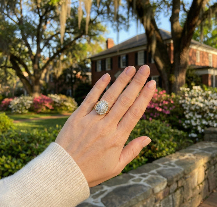 Round Diamond Cluster Ribbed Ring | 14K Yellow Gold | Diamond Halo Statement Ring | Vintage-Inspired Design - Brownee Jewelers