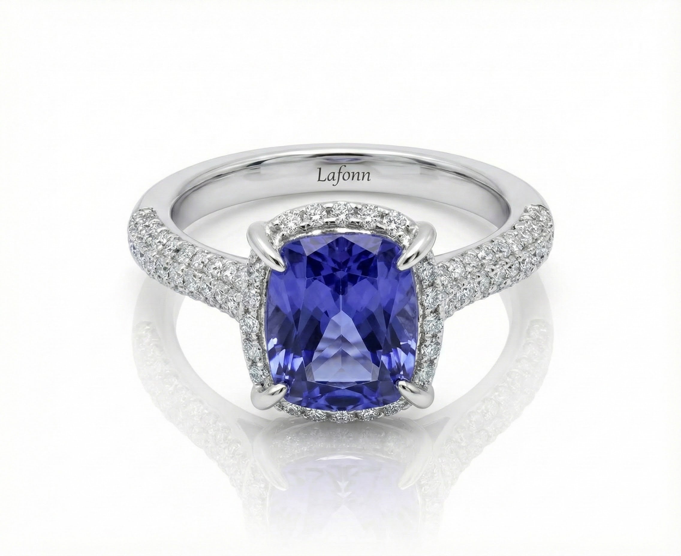 Cushion-Cut Lab-Created Tanzanite & CZ Halo Ring | Sterling Silver | Pavé Band - Brownee Jewelers