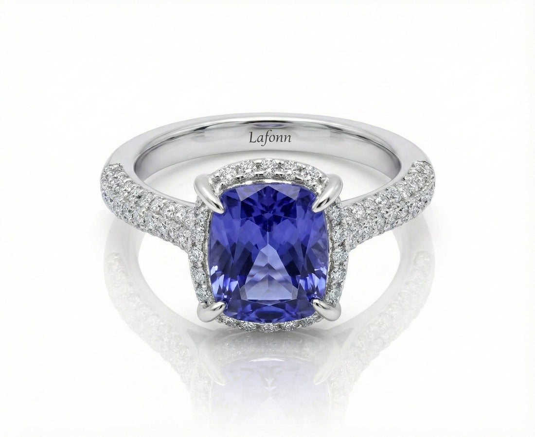 Cushion-Cut Lab-Created Tanzanite & CZ Halo Ring | Sterling Silver | Pavé Band - Brownee Jewelers