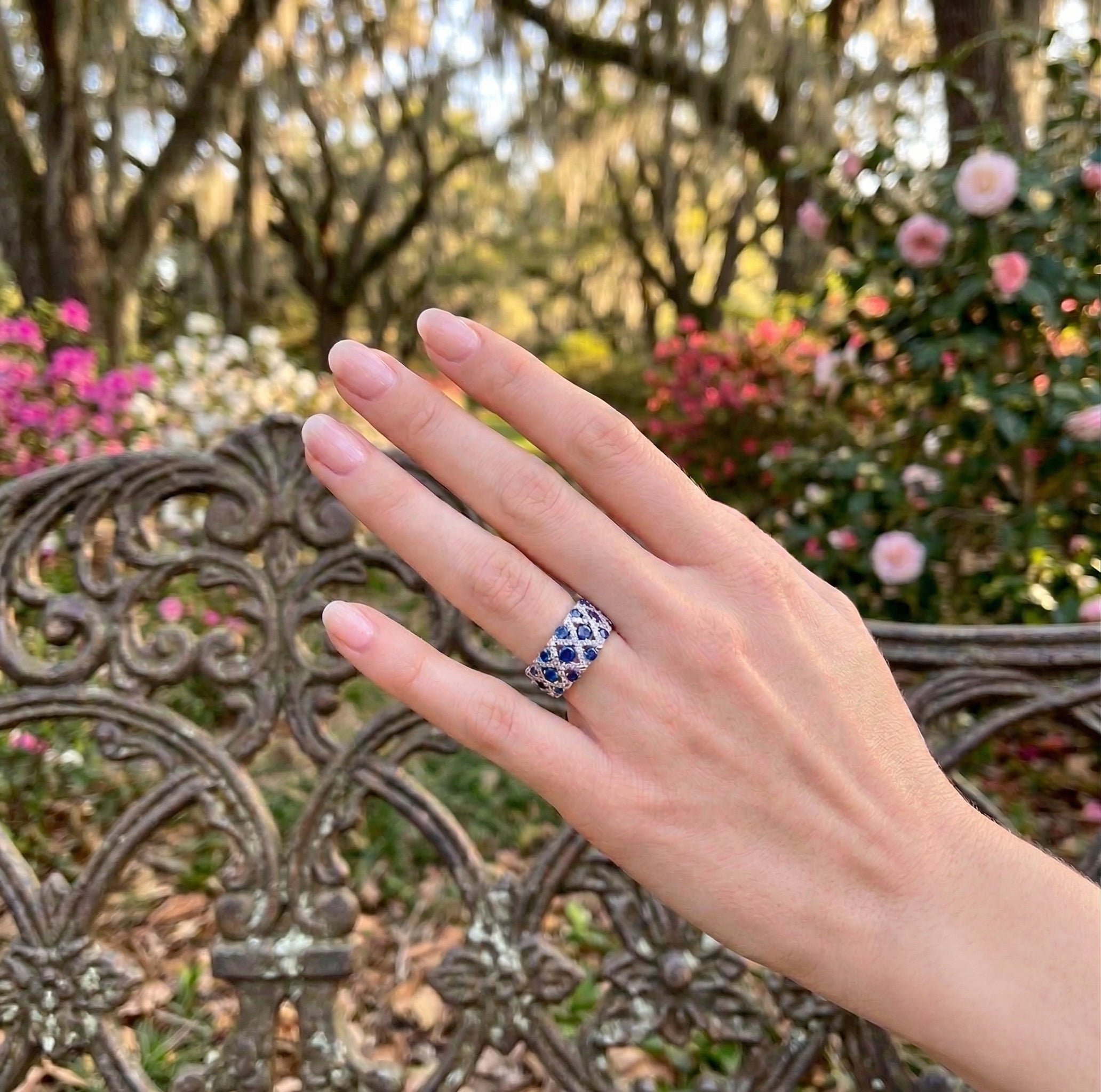 Lab-Grown Sapphire & Diamond Band | 14K White Gold | 1.74 ct Blue Sapphire & 0.50 ctw Diamond | Wide Statement Ring - Brownee Jewelers