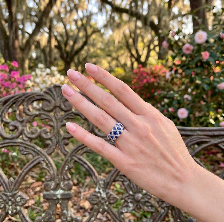 Lab-Grown Sapphire & Diamond Band | 14K White Gold | 1.74 ct Blue Sapphire & 0.50 ctw Diamond | Wide Statement Ring - Brownee Jewelers