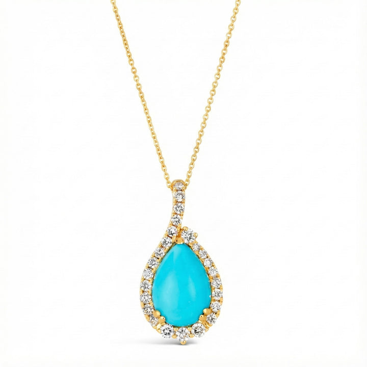 Pear Turquoise & Diamond Halo Pendant | 14K Yellow Gold | 3.25 ct TQ, 0.60 ctw | Teardrop Necklace - Brownee Jewelers