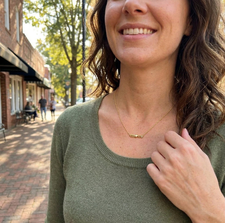“Mom” Heart Script Necklace | 14K Yellow Gold | Adjustable 18" Chain | Polished Love Design - Brownee Jewelers