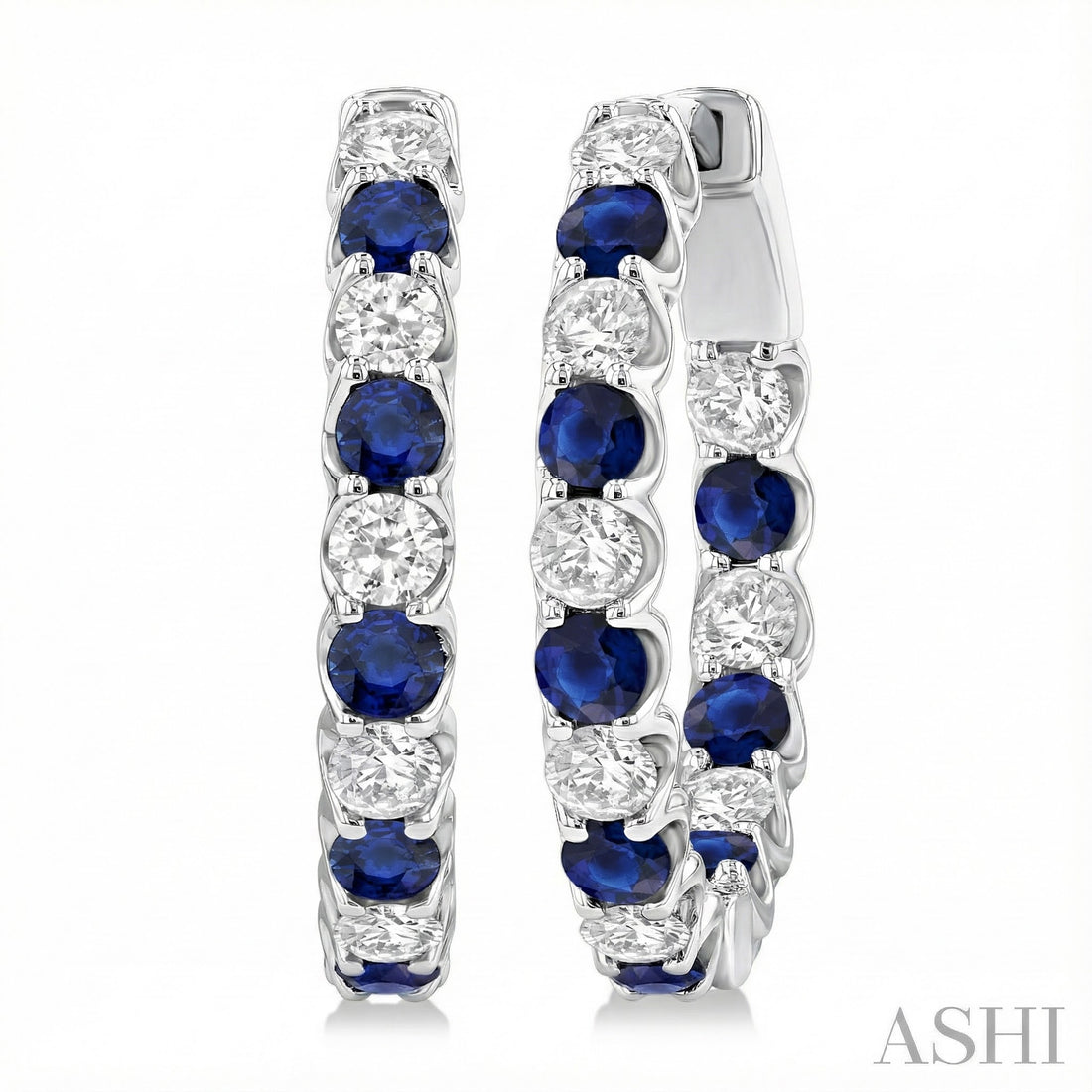 14K White Gold Diamond & Sapphire Hoop Earrings – 1.00 CTW