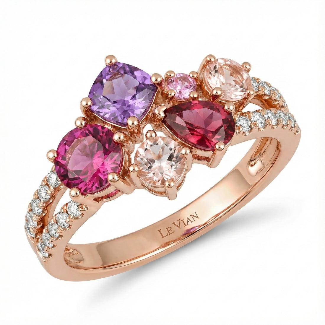 Multi-Gemstone Band Ring | 14K Rose Gold | 1.13 ctw Tourmaline, Amethyst, Morganite & Sapphire | 0.20 ctw Diamonds - Brownee Jewelers