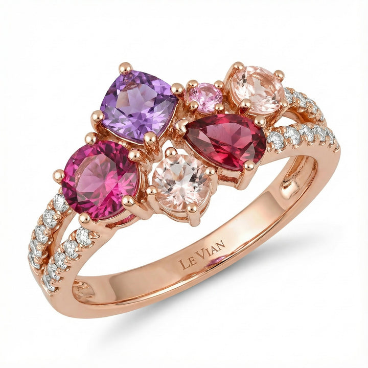 Le Vian® 14K Strawberry Gold® Multi-Gem Ring with Passion Fruit Tourmaline™, Cotton Candy Amethyst®, Pink Morganite, Bubble Gum Pink Sapphire™ & Nude Diamonds™ Bring a burst of color to your collection with this dazzling Le Vian® multi-gem ring, crafted in luminous 14K Strawberry Gold®