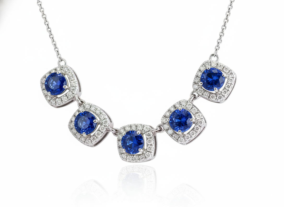 14K White Gold 1.22ct Sapphire & .33ct Diamond Five-Station Necklace