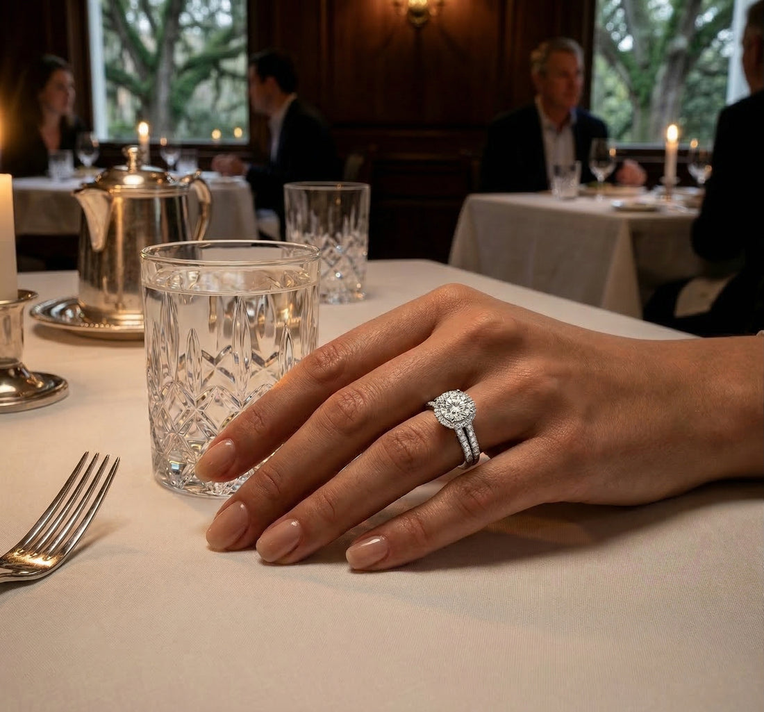 Round Lab-Grown Diamond Halo Bridal Ring Set | 14K White Gold | Engagement Ring Set | 1.00 ct Center - Brownee Jewelers
