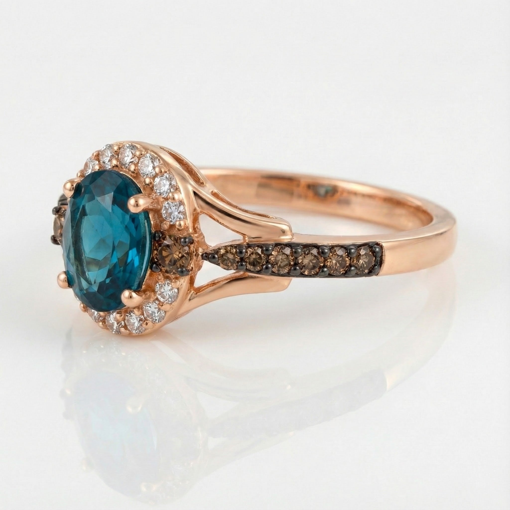 Le Vian Chocolatier® 14K Strawberry Gold® Ring with Deep Sea Blue Topaz™, Chocolate Diamonds® & Vanilla Diamonds® Vivid color and rich contrast define this stunning Le Vian Chocolatier® ring