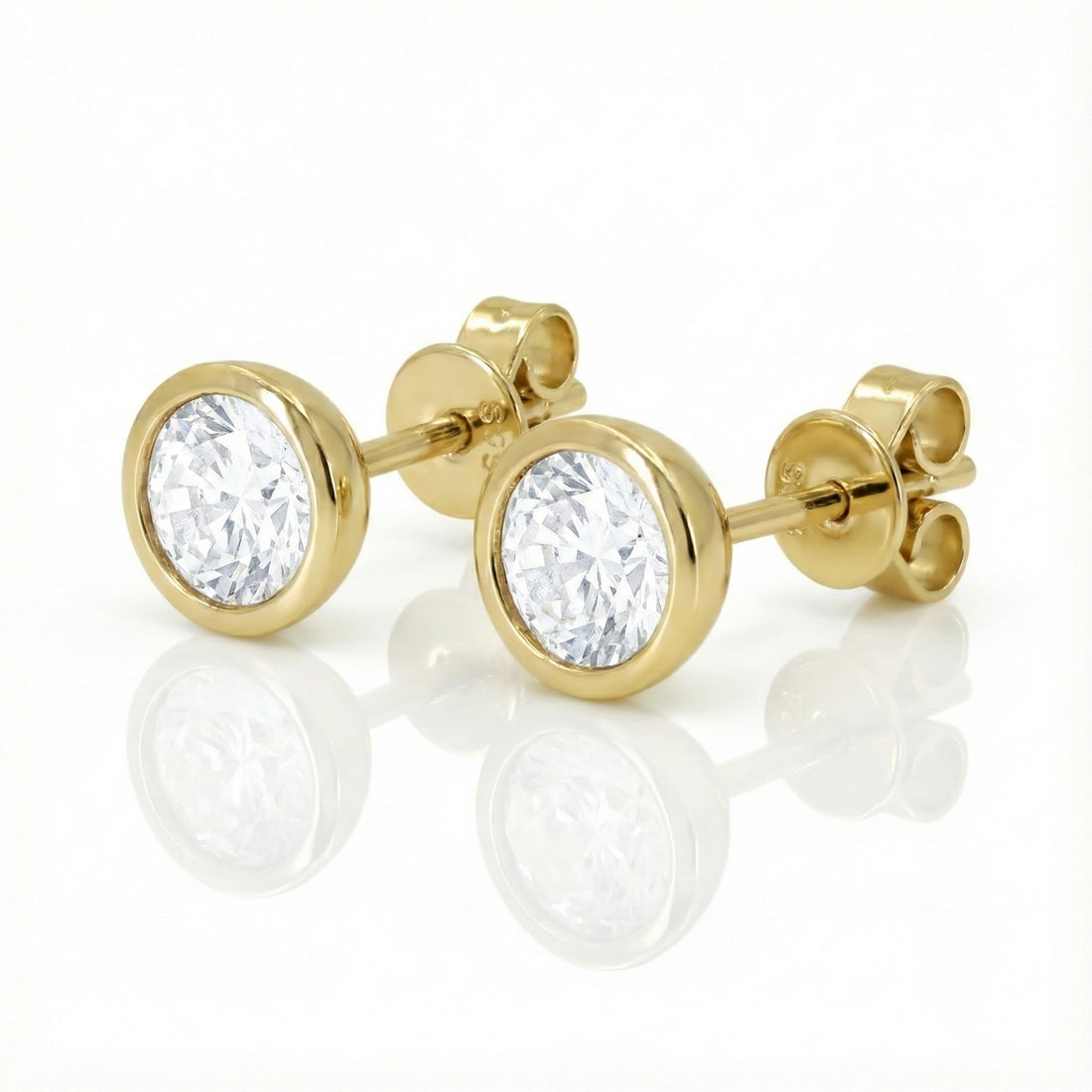 Madison L | White Topaz Bezel Stud Earrings | 14K Yellow Gold | Round Gemstone Studs | Classic Design - Brownee Jewelers