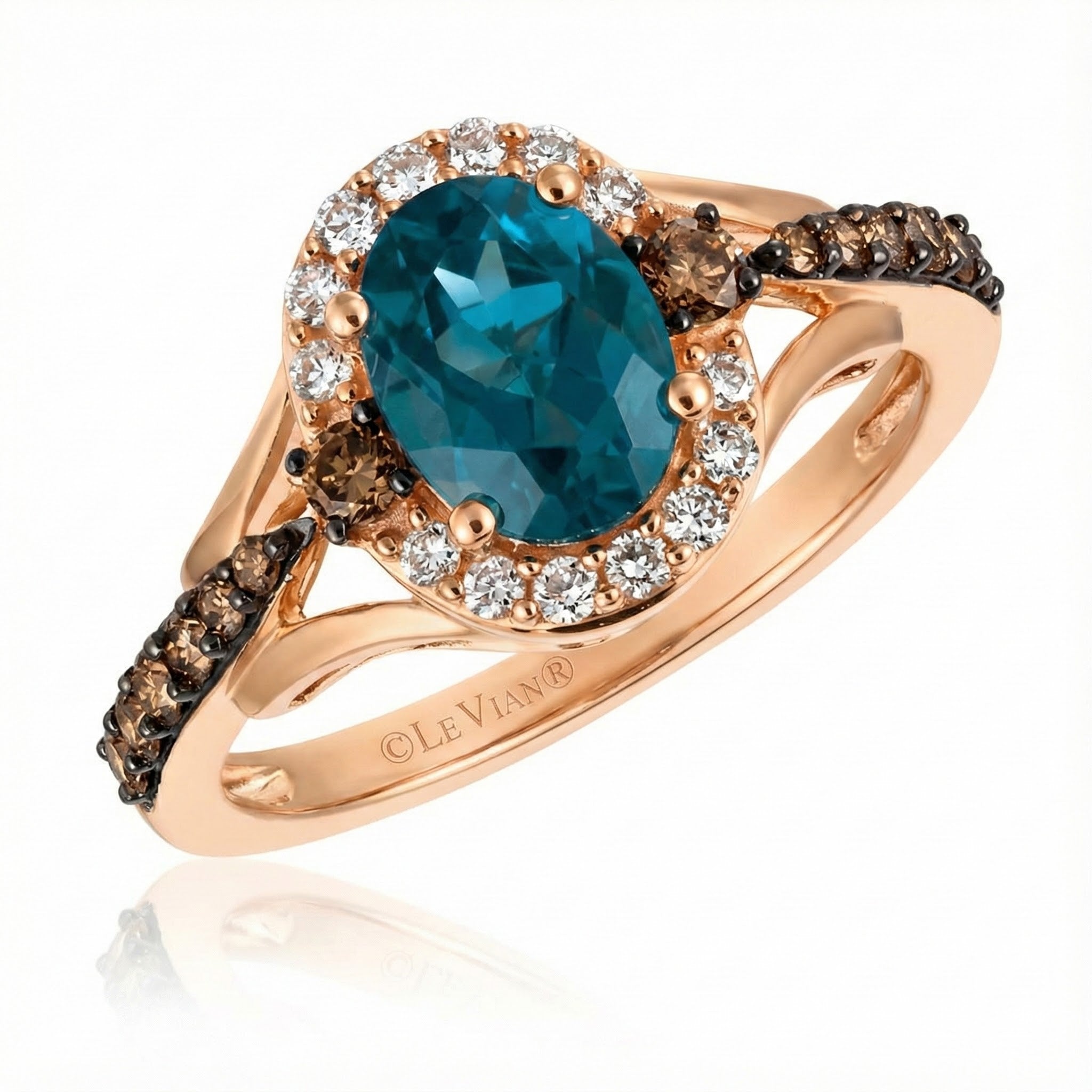 Le Vian Chocolatier® 14K Strawberry Gold® Ring with Deep Sea Blue Topaz™, Chocolate Diamonds® & Vanilla Diamonds® Vivid color and rich contrast define this stunning Le Vian Chocolatier® ring