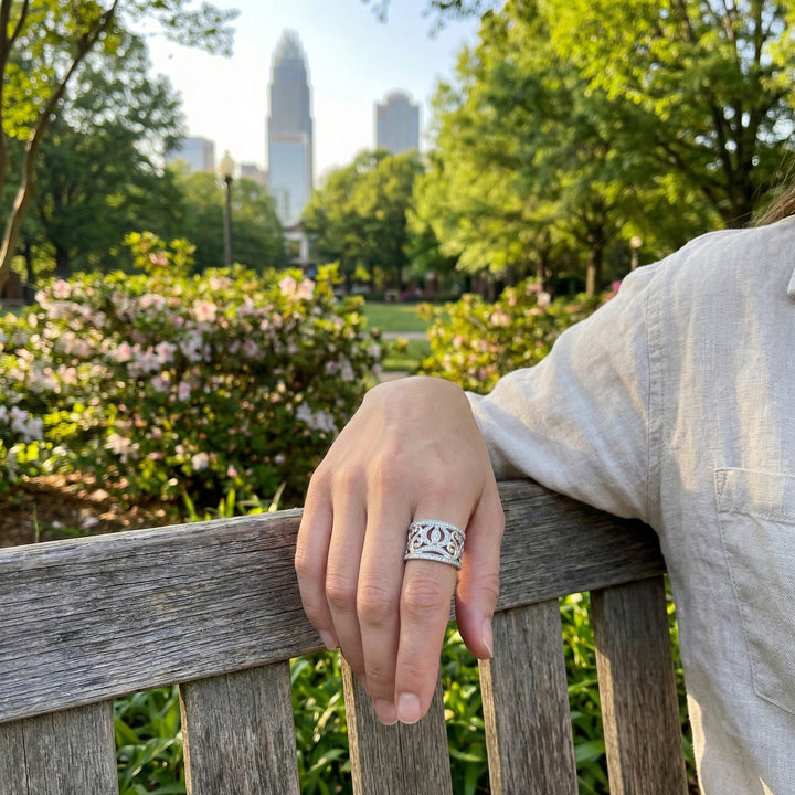 Round Brilliant Diamond Fancy Scroll Wide Band