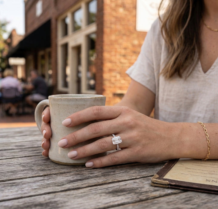 Emerald-Cut Lab-Grown Diamond Engagement Ring | 14K White Gold | 4.43 ctw | Hidden Halo Pavé Setting - Brownee Jewelers
