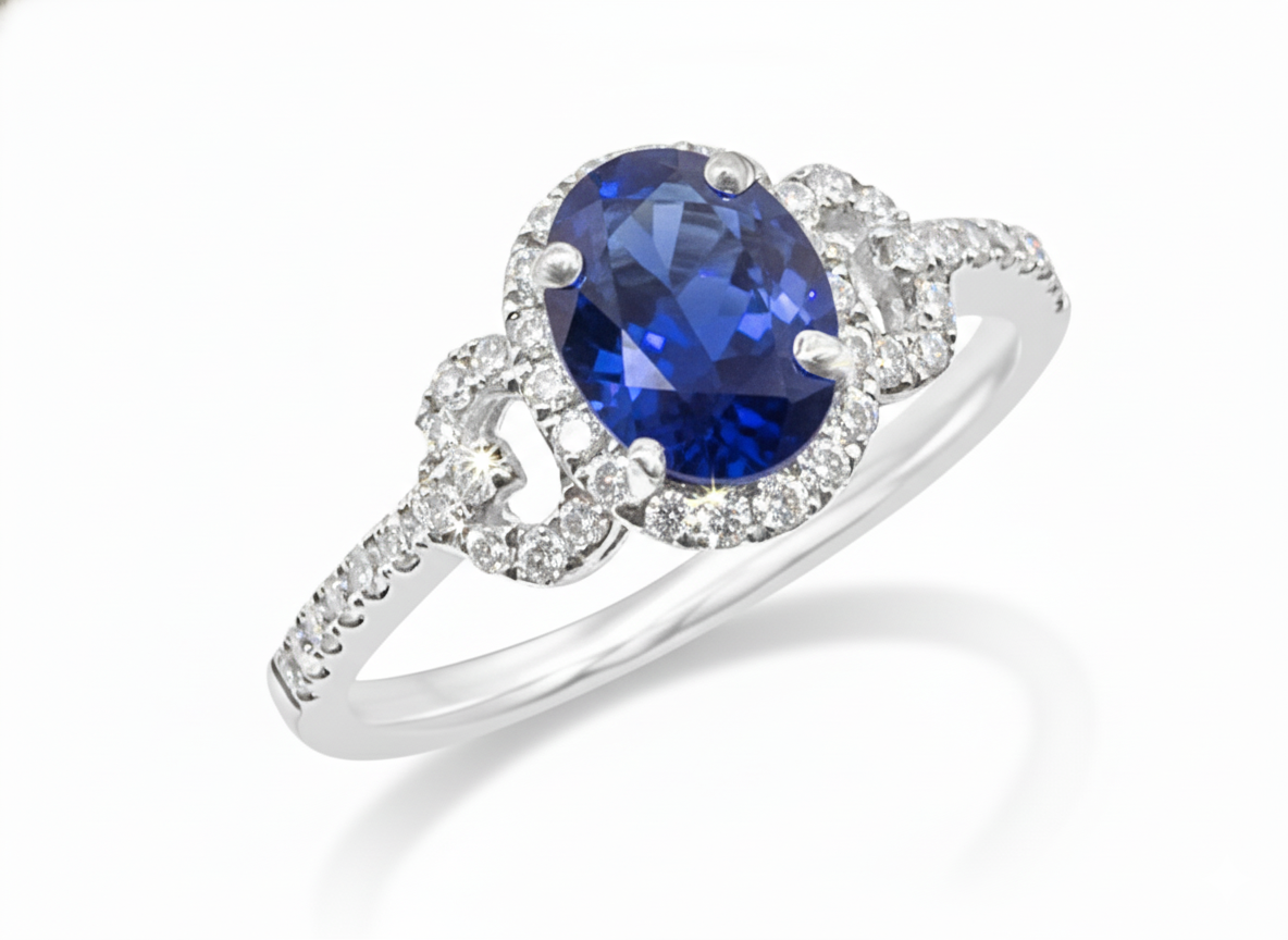 14K White Gold 1.09ct Oval Sapphire & .35ct Diamond Ring