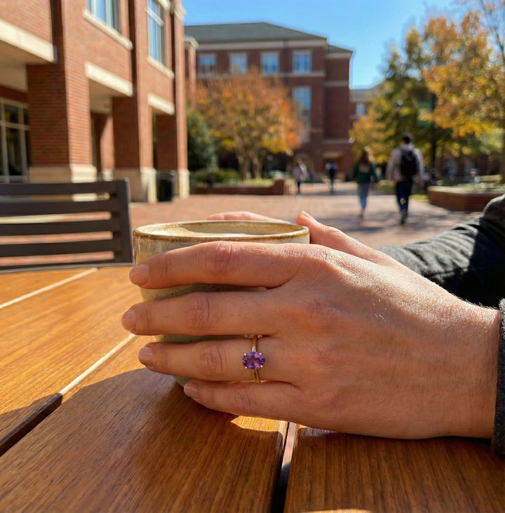 Oval Amethyst Solitaire Ring | 14K Yellow Gold | 8×6 mm - Brownee Jewelers