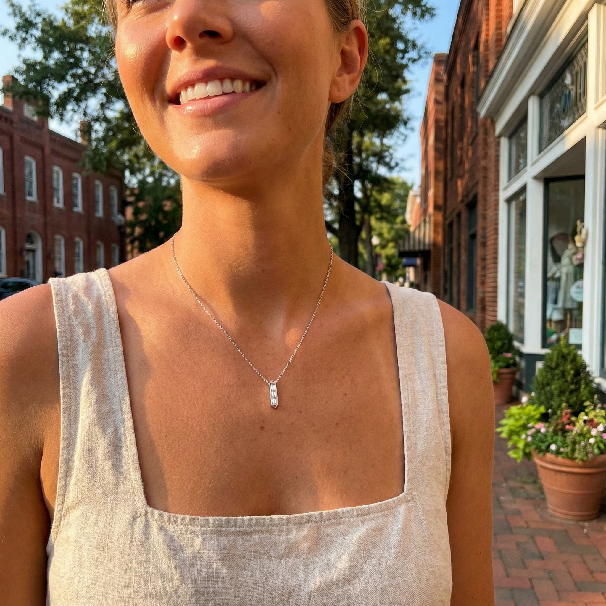 Baguette Diamond Bar Necklace | 14K White Gold | 3 Baguette Diamonds | Vertical Pendant - Brownee Jewelers