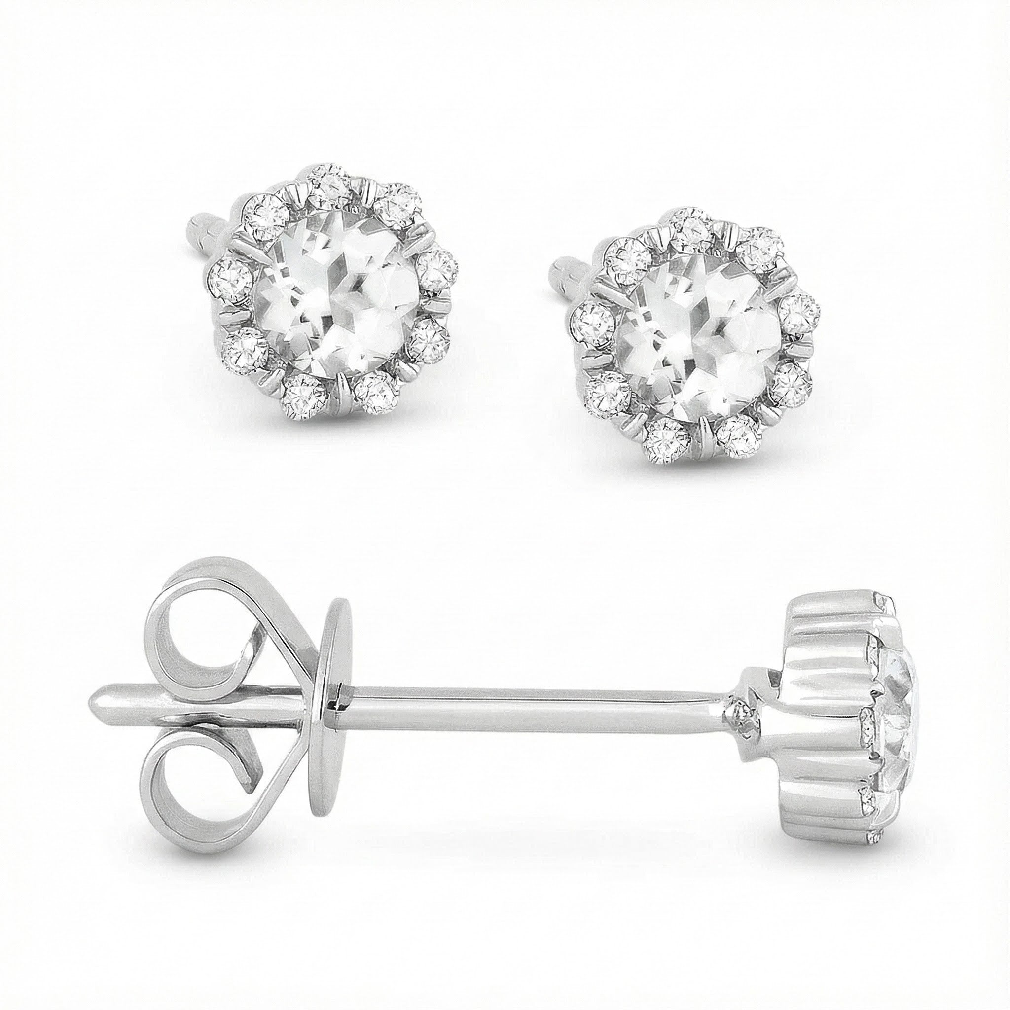 Madison L | White Topaz & Diamond Halo Stud Earrings | 14K White Gold | Round White Topaz | Diamond Accents - Brownee Jewelers