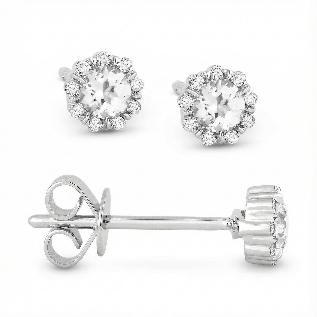 Madison L | White Topaz & Diamond Halo Stud Earrings | 14K White Gold | Round White Topaz | Diamond Accents - Brownee Jewelers