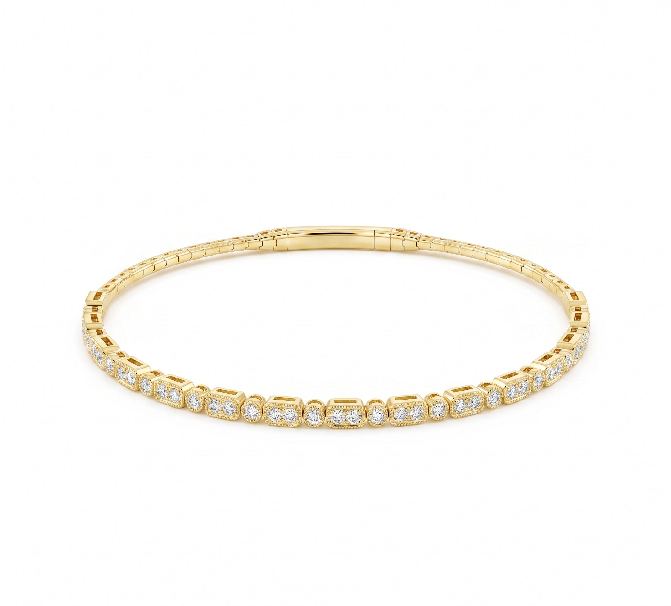 Round Diamond Flex Bangle Bracelet | 14K Yellow Gold | 1 CTW Milgrain Bezel Set Diamonds | FSBG5516S8Y-6C - Brownee Jewelers