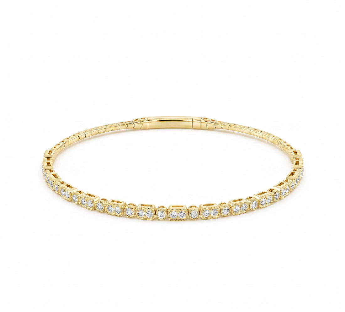 Round Diamond Flex Bangle Bracelet | 14K Yellow Gold | 1 CTW Milgrain Bezel Set Diamonds | FSBG5516S8Y-6C - Brownee Jewelers