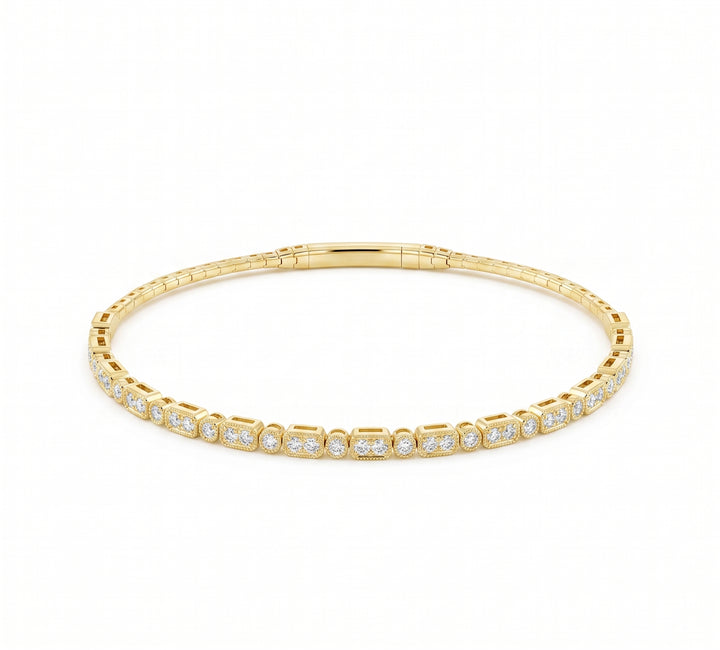 Round Diamond Flex Bangle Bracelet | 14K Yellow Gold | 1 CTW Milgrain Bezel Set Diamonds | FSBG5516S8Y-6C - Brownee Jewelers
