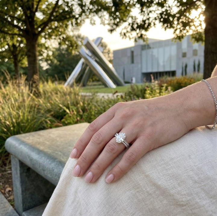 Oval Lab-Grown Diamond Bridal Ring Set | 14K White Gold | 4.01 ct Center | F Color, VS1 | Pavé Engagement Ring & Band - Brownee Jewelers