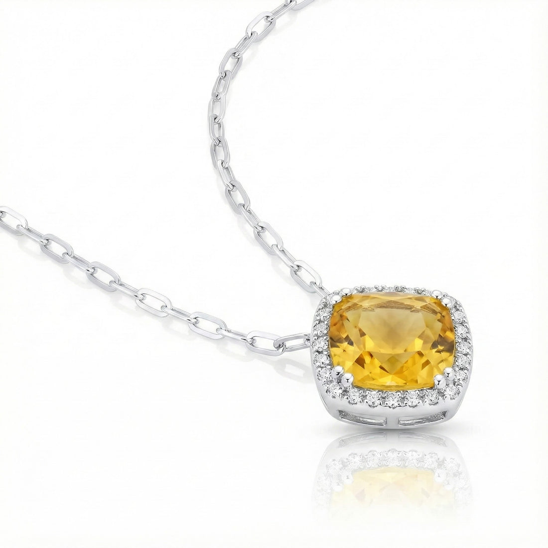 Madison L | Citrine & Diamond Halo Pendant | 14K White Gold | Cushion-Cut Yellow Gemstone Necklace - Brownee Jewelers