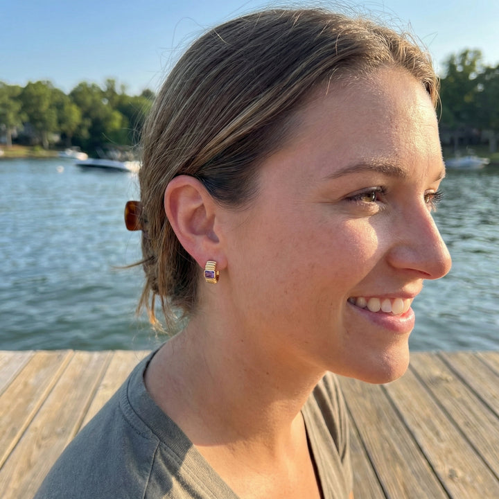 Emerald-Cut Amethyst Ribbed Hoop Earrings | 14K Yellow Gold | Purple Gemstone - Brownee Jewelers