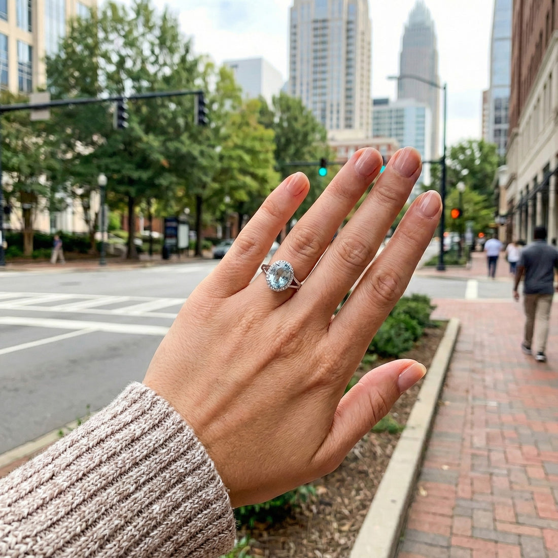 Madison L | Oval Blue Topaz & Diamond Halo Ring | 14K White Gold | Oval Gemstone Ring - Brownee Jewelers