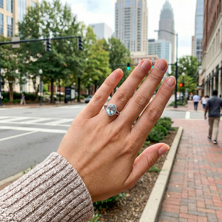 Madison L | Oval Blue Topaz & Diamond Halo Ring | 14K White Gold | Oval Gemstone Ring - Brownee Jewelers