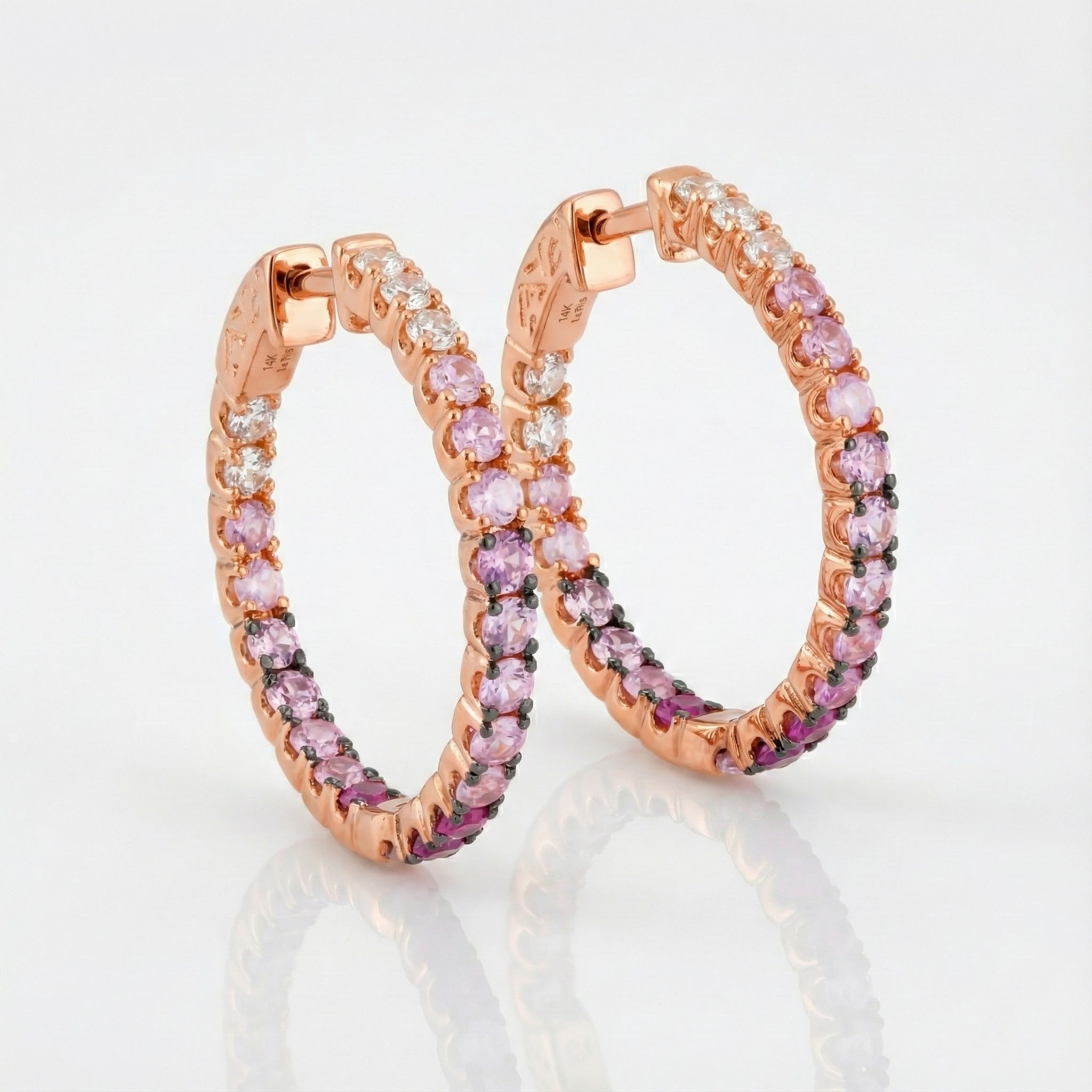 Pink & White Ombré Sapphire Hoop Earrings | 14K Rose Gold | 1.91 ctw | Graduated Color Hoops - Brownee Jewelers