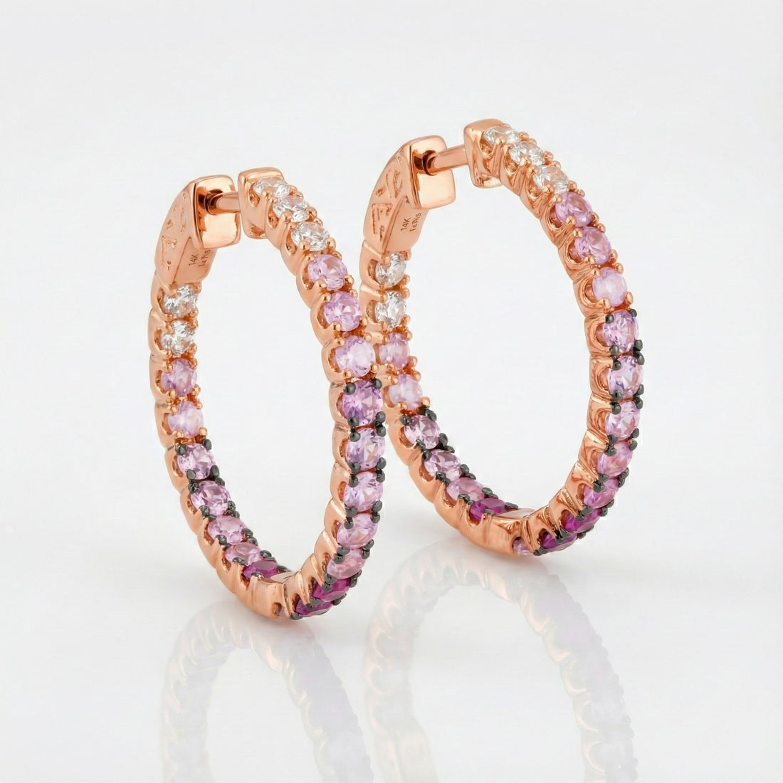Pink & White Ombré Sapphire Hoop Earrings | 14K Rose Gold | 1.91 ctw | Graduated Color Hoops - Brownee Jewelers