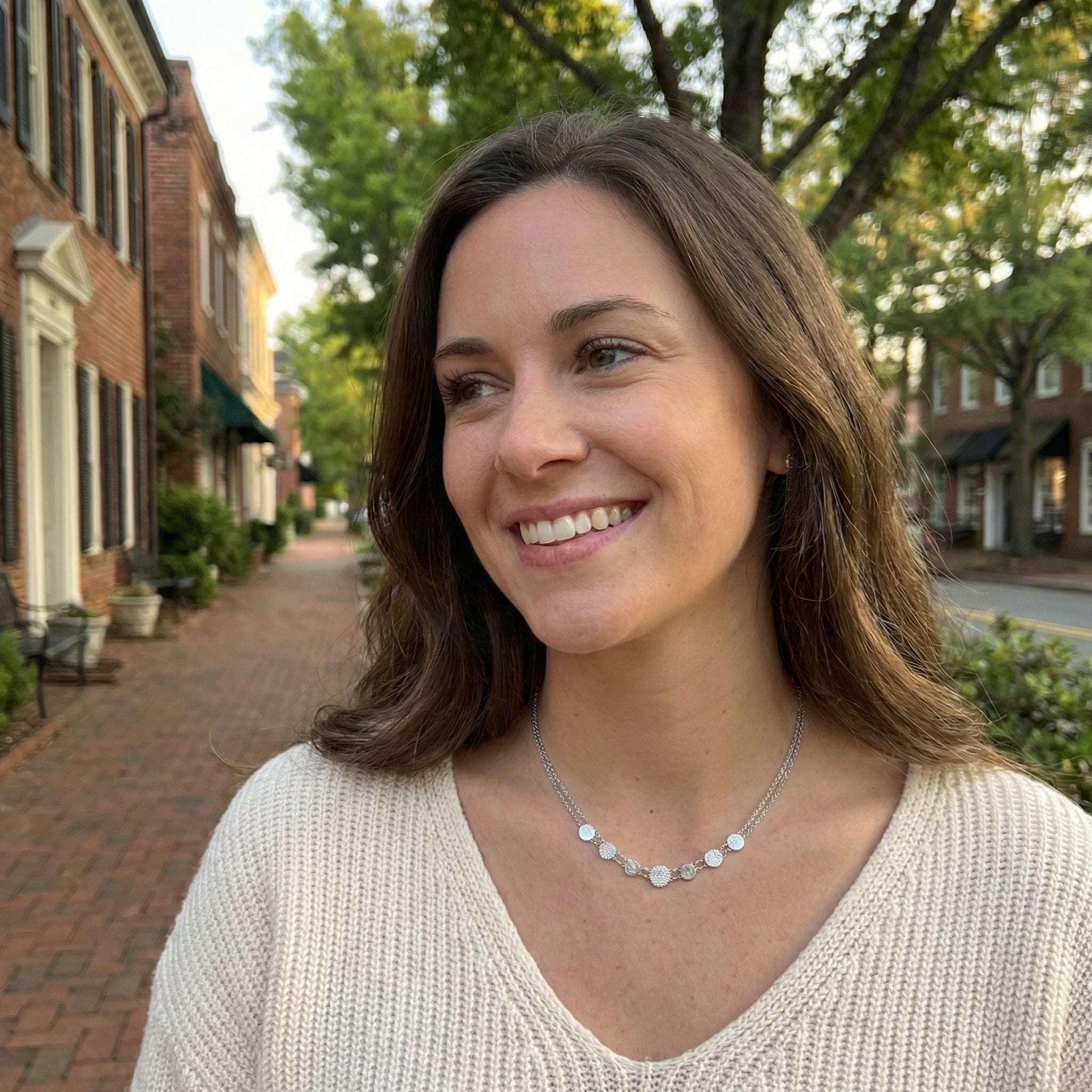 Diamond Pavé Circle Station Necklace | 14K White Gold | 0.16 ctw | Modern Disc Necklace - Brownee Jewelers