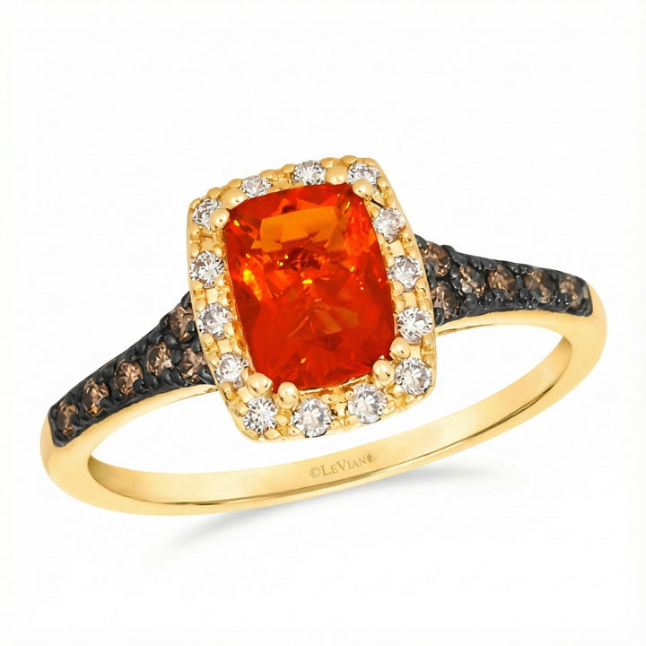 Orange Opal & Diamond Halo Ring | 14K Yellow Gold | Chocolate & Vanilla Diamonds | 0.74 ctw - Brownee Jewelers