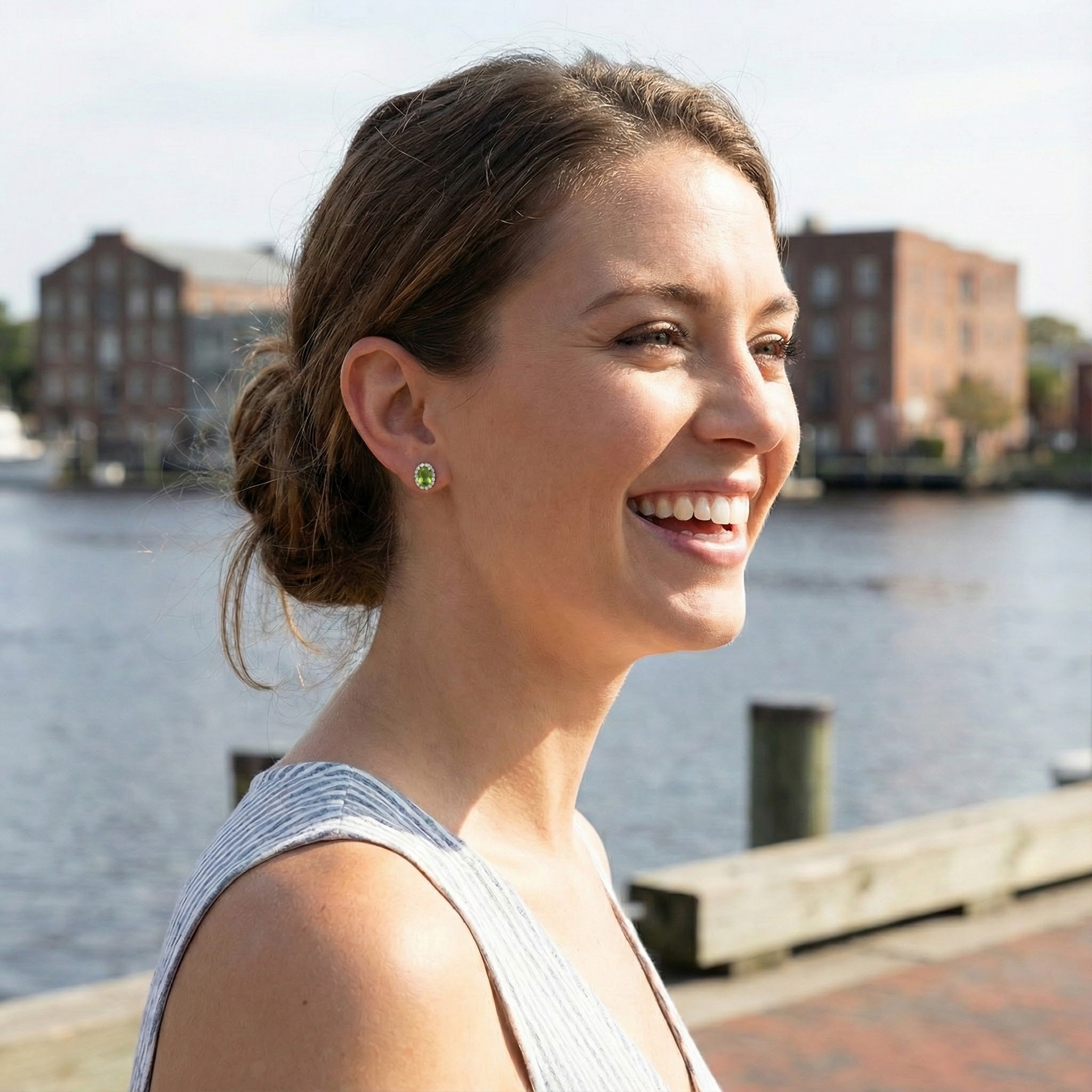 Peridot & Diamond Halo Stud Earrings, 0.13 ctw