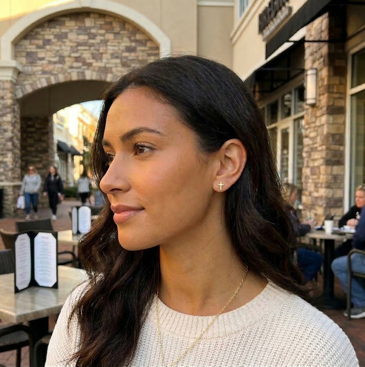 Polished Cross Stud Earrings | 14K Yellow Gold | Stud Earrings | Classic Faith Design - Brownee Jewelers