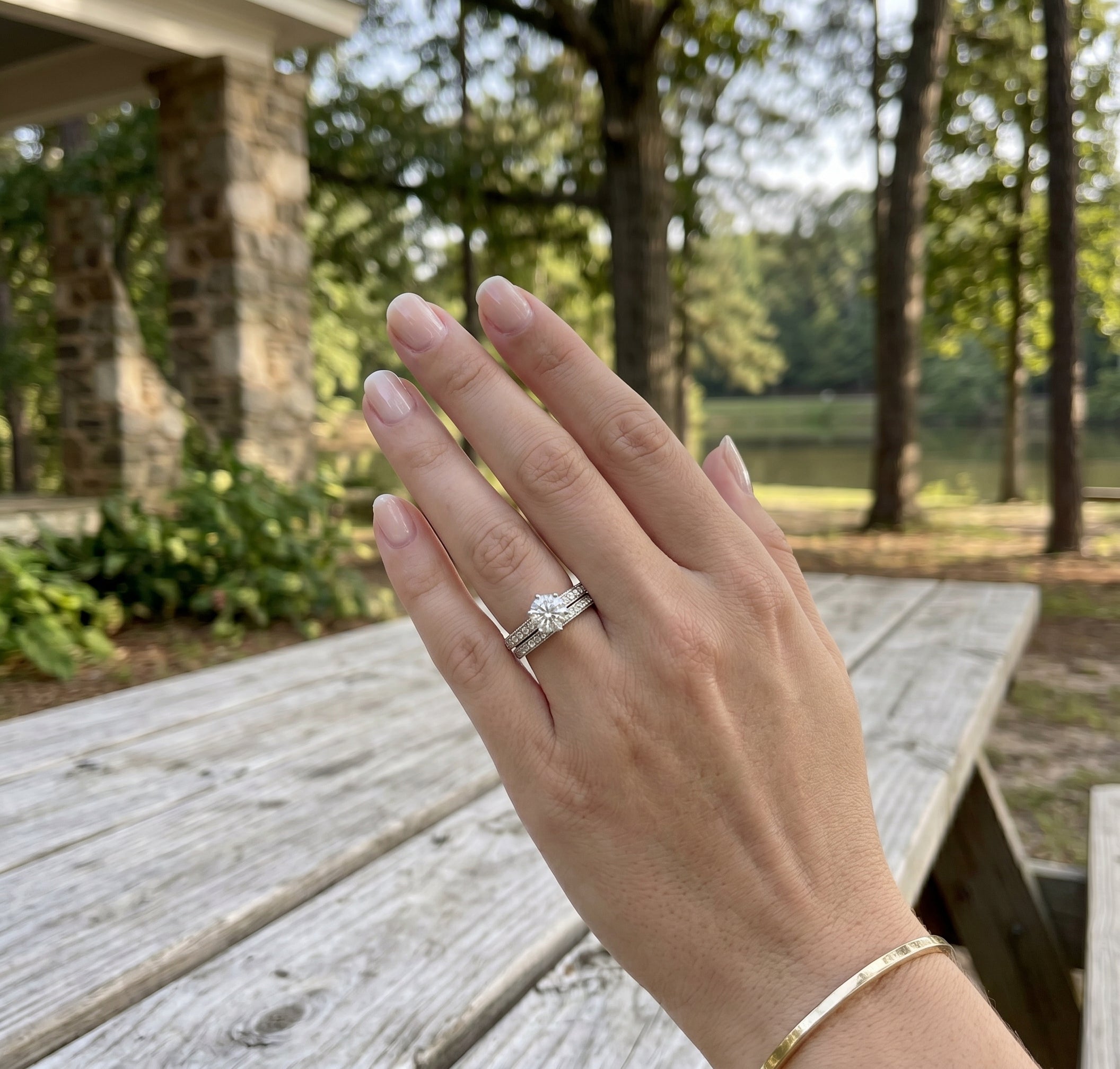 Round Diamond Bridal Set | 14K White Gold | Engagement Ring & Wedding Band Set | 0.96 CT Round Diamond Center | Pavé Diamond Accents - Brownee Jewelers