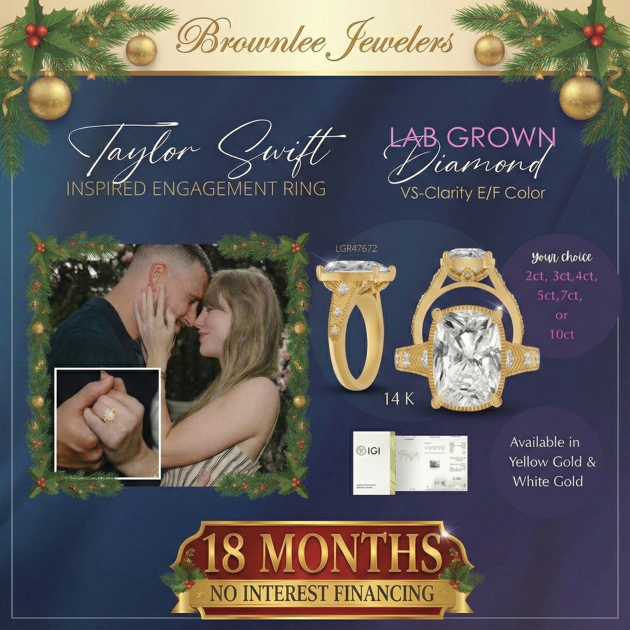 Taylor Swift Inspired 14K Yellow Gold 3.08ct Cushion-Cut Lab Diamond Ring (VS1/E) – 3.14cts TWT  Capture the magic, romance, and golden glow of a Taylor Swift–inspired engagement ring with this breathtaking 14K yellow gold design. 