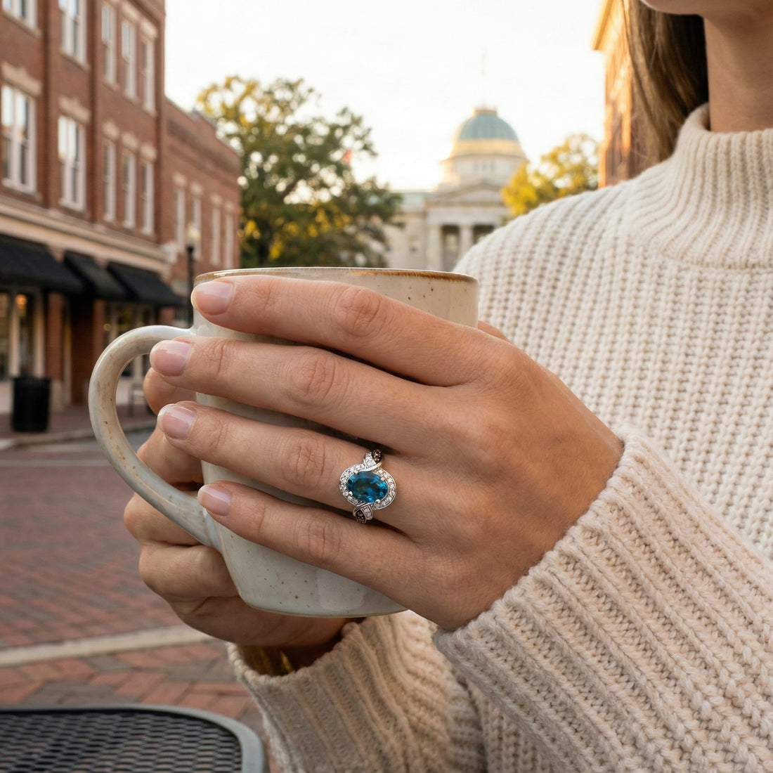 Le Vian® 14K Vanilla Gold® Ring with Deep Sea Blue Topaz™, Chocolate Diamonds® & Nude Diamonds™ Brilliant blue color meets sophisticated contrast in this stunning Le Vian® design