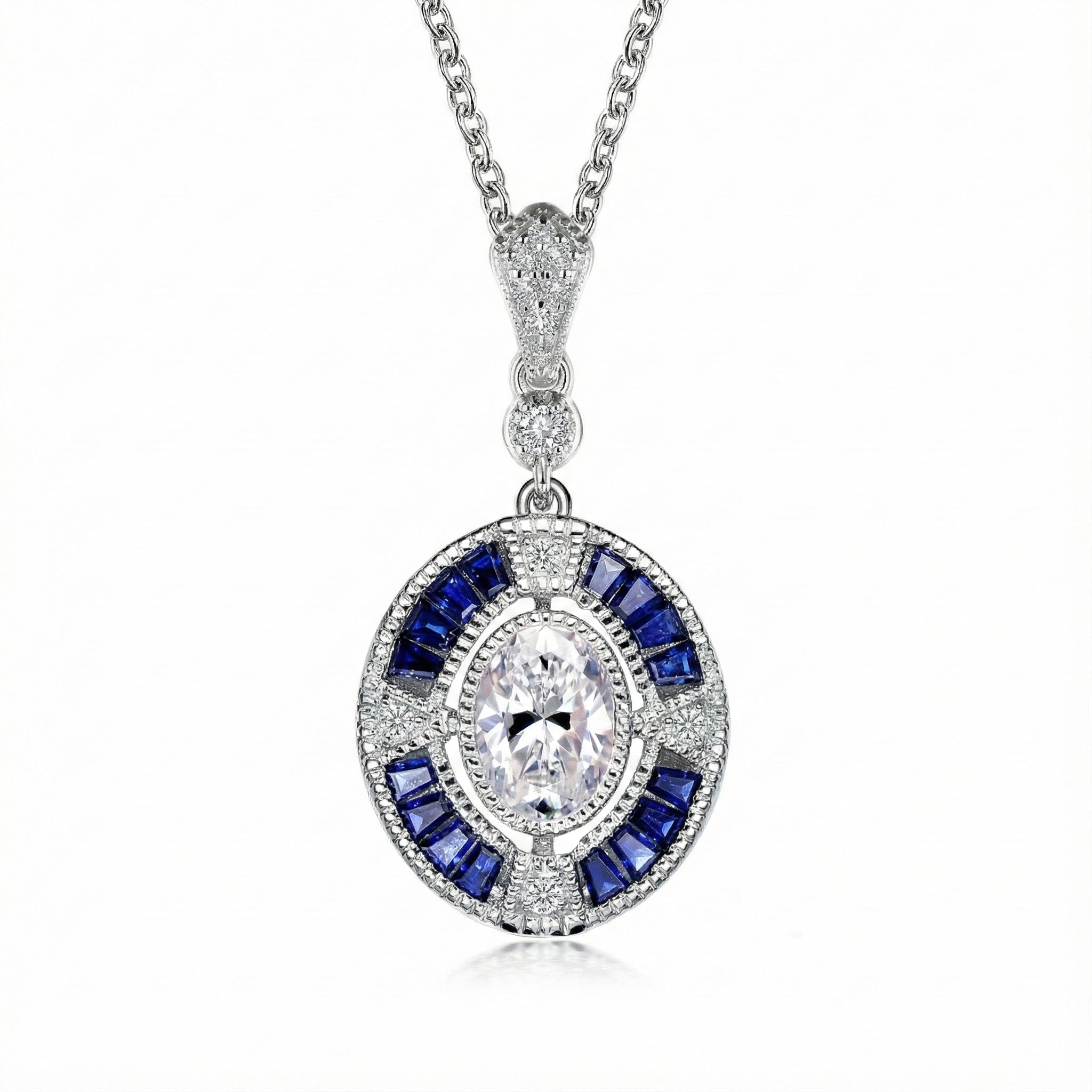 Oval CZ & Lab-Created Sapphire Halo Pendant | Sterling Silver - Brownee Jewelers