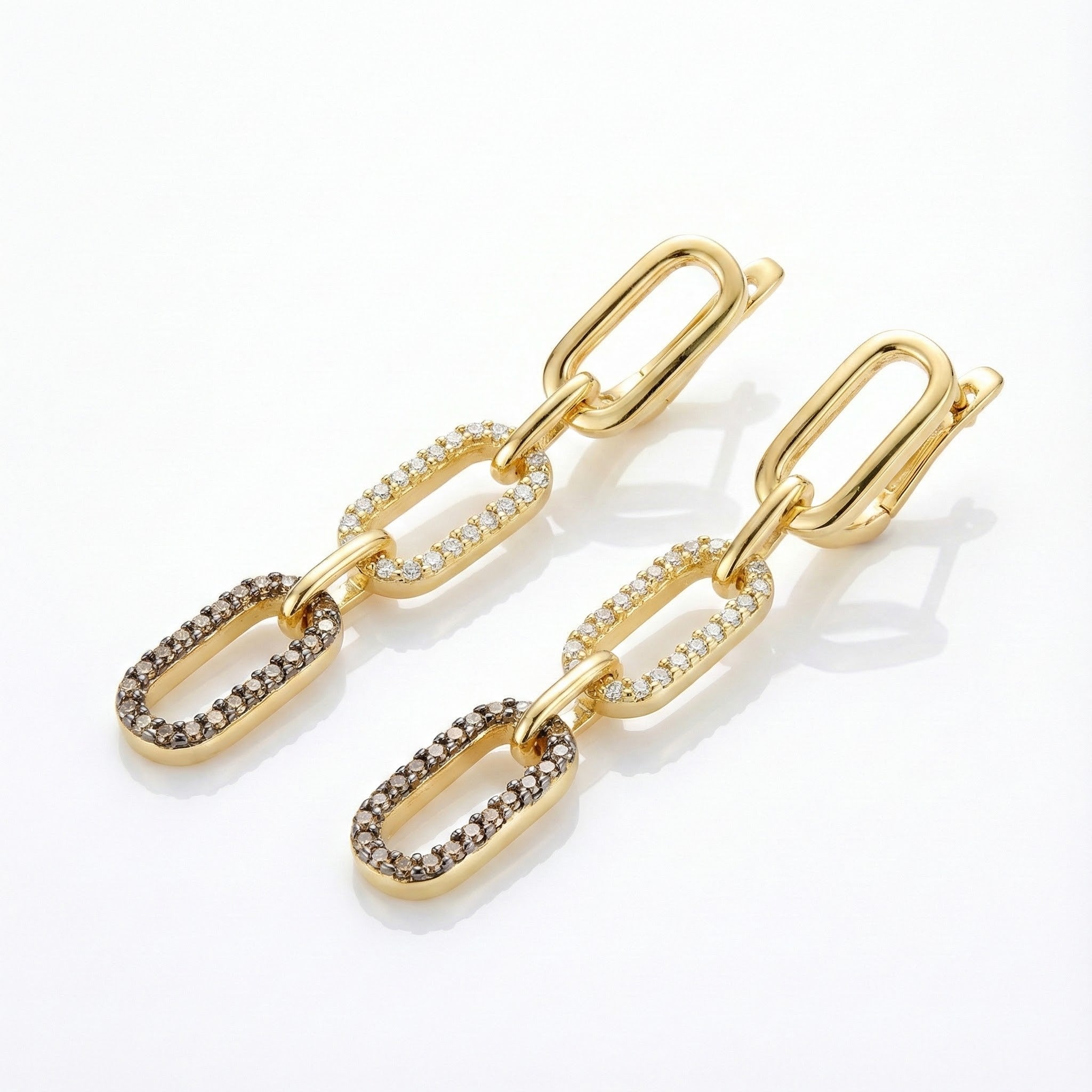 Diamond Link Drop Earrings | 14K Yellow Gold | White & Chocolate Round Diamonds | Hinged Drop - Brownee Jewelers
