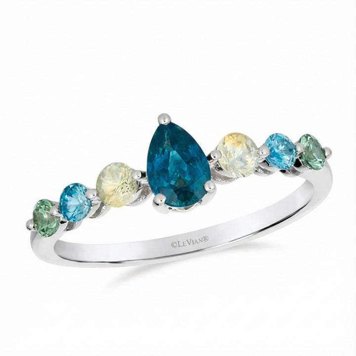 Le Vian® Montana Sapphire Ombré™ Ring in 14K Vanilla Gold® – 0.88ct Showcasing the natural beauty of Montana’s finest sapphires, this Le Vian® ring features 7/8 cts. of Montana Sapphire Ombré™, artfully arranged from deep teal to airy sky-blue tones