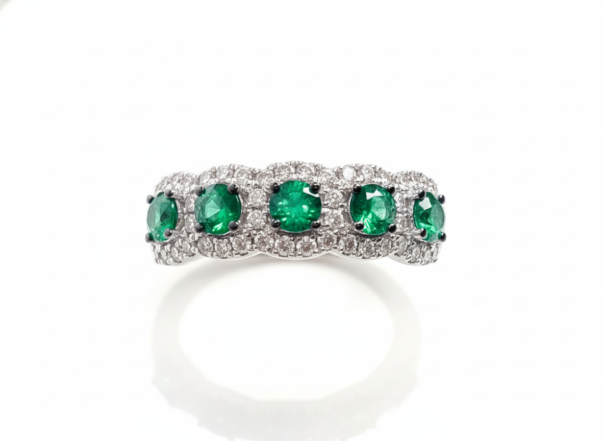 14K White Gold .68ct Emerald & .41ct Diamond Five-Stone Ring