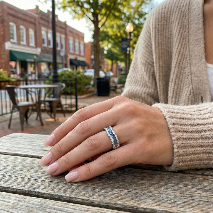 Blue & White Diamond Band | 1.40 ctw | 14K White Gold | Baguette & Round Diamond Ring - Brownee Jewelers